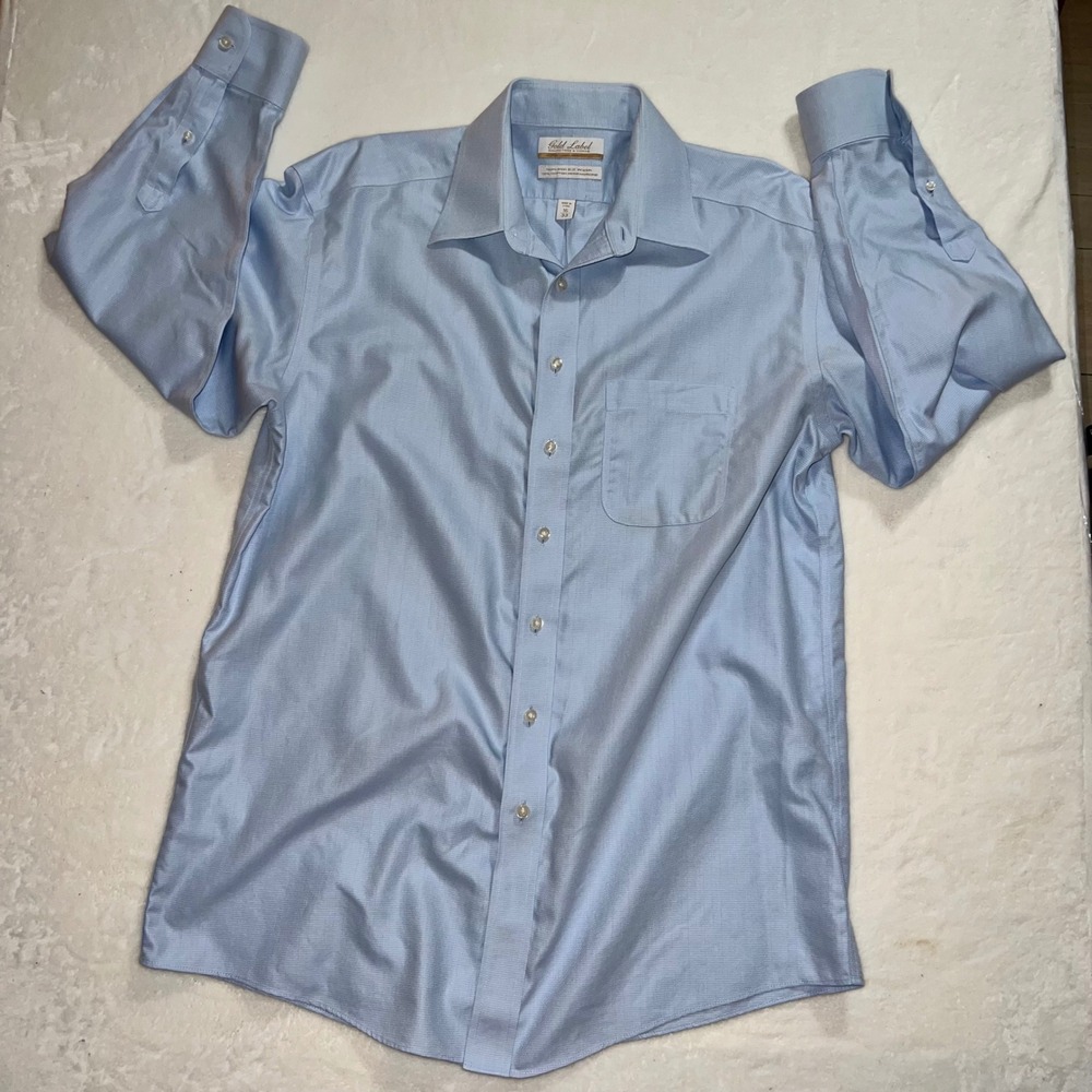 Roundtree York Gold Label Mens Light Blue Herringbone Non Iron Dress Shirt 16 33